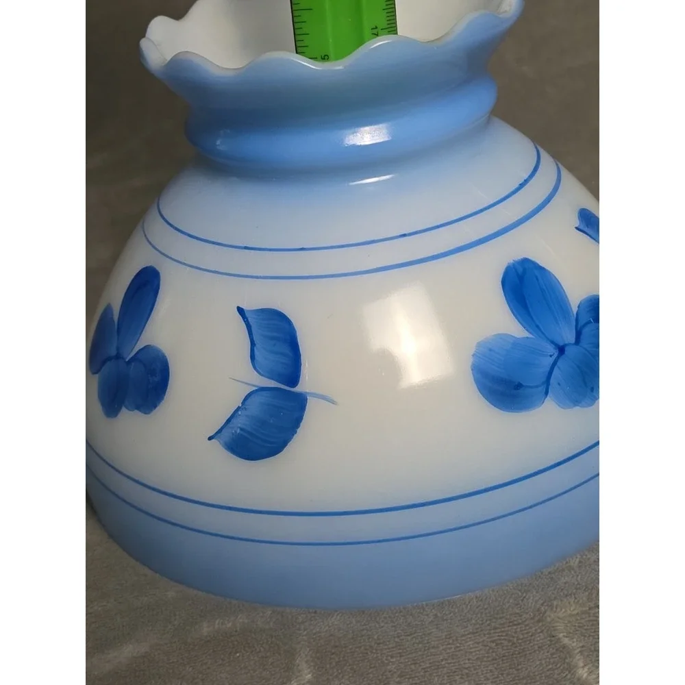 Vintage Hand Painted Milk Glass Lamp Shade Blue Floral Scalloped Edge Cabincore